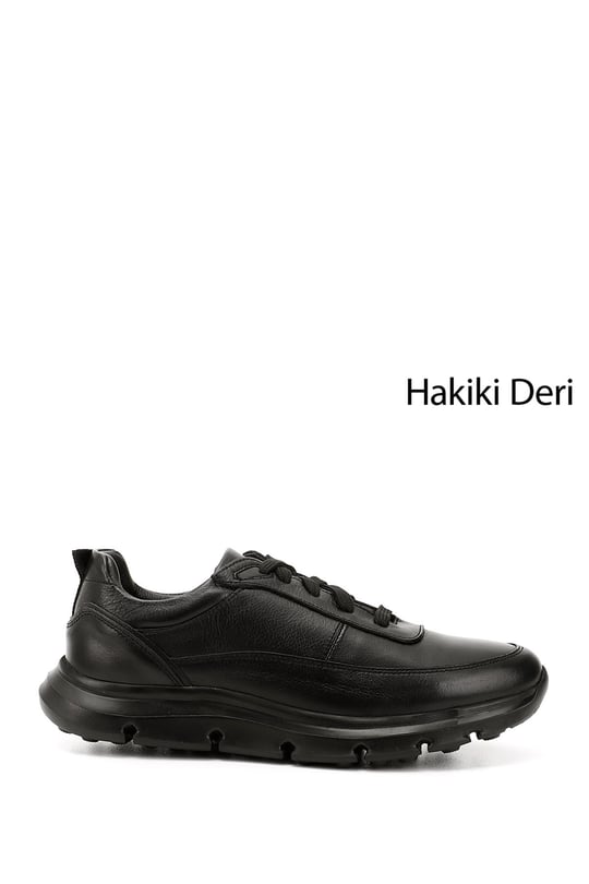 Mens Black Lace-Up Genuine Leather Sneakers
