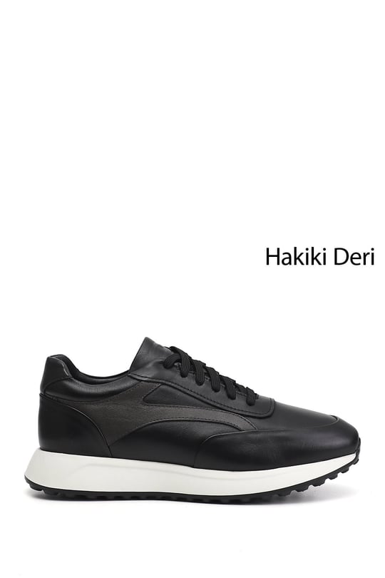 Erkek Siyah Bağcıklı Hakiki Deri Sneaker