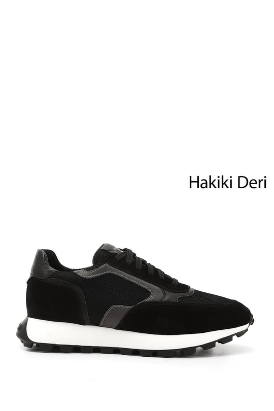 Mens Black Lace-Up Genuine Leather Sneakers