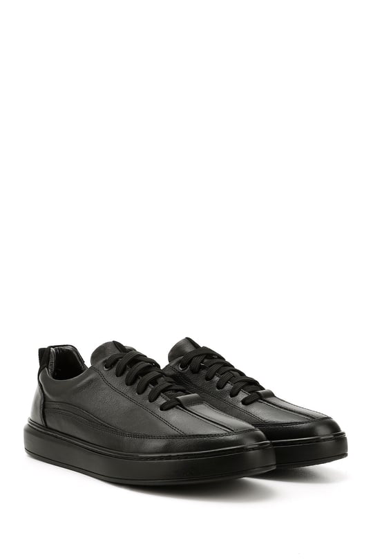 Erkek Siyah Bağcıklı Kauçuk Taban Hakiki Deri Sneaker