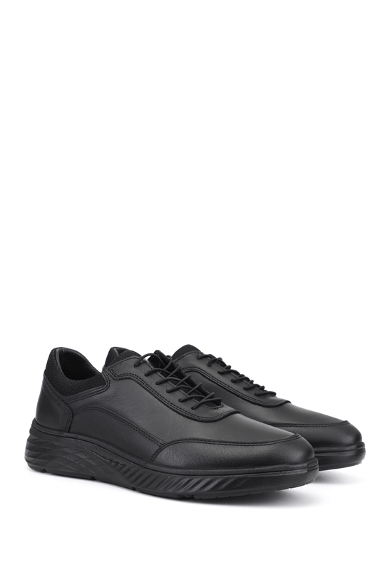 Erkek Siyah Bağcıklı Kauçuk Taban Hakiki Deri Sneaker