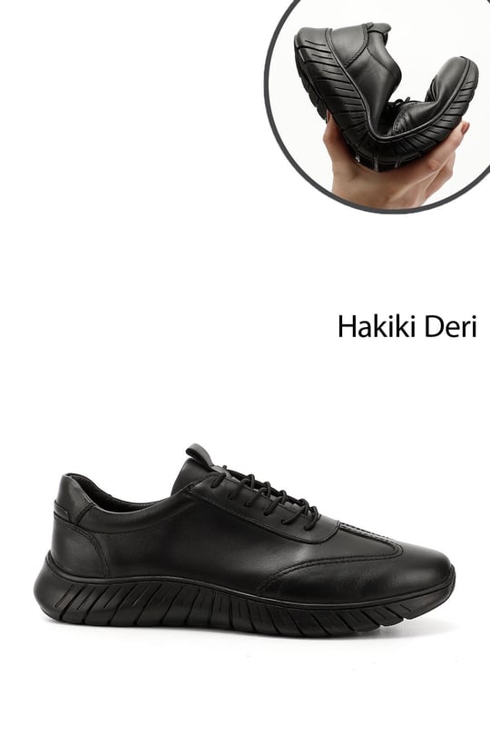 Mens Black Lace-Up Rubber Sole Genuine Leather Sneakers