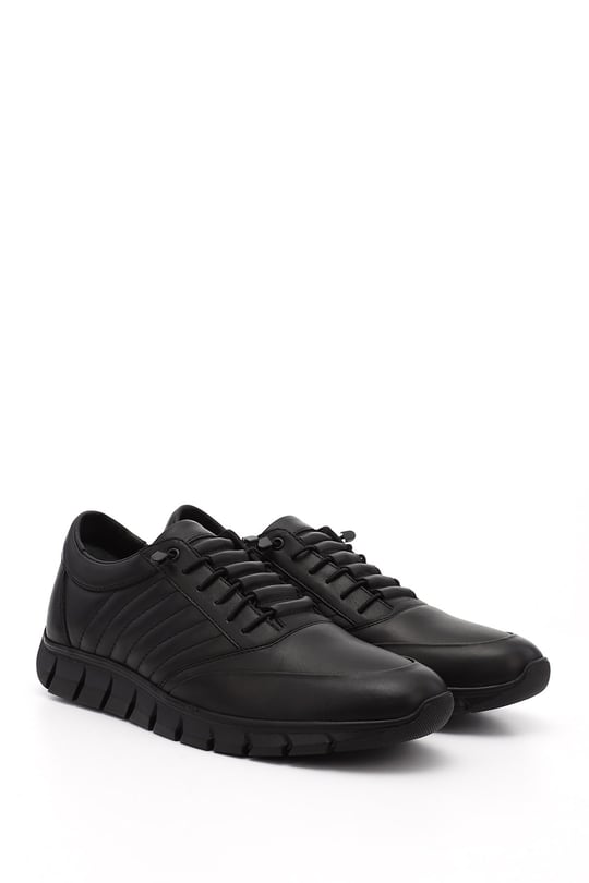 Mens Black Lace-Up Rubber Sole Genuine Leather Sneaker