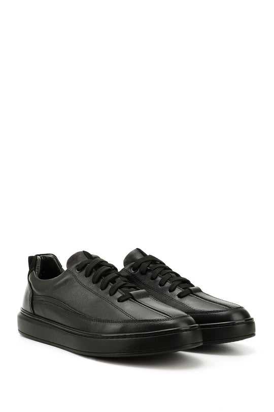 Mens Black Lace-Up Rubber Sole Genuine Leather Sneakers