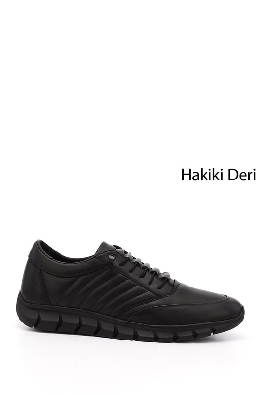 Mens Black Lace-Up Rubber Sole Genuine Leather Sneaker