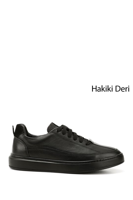 Mens Black Lace-Up Rubber Sole Genuine Leather Sneakers