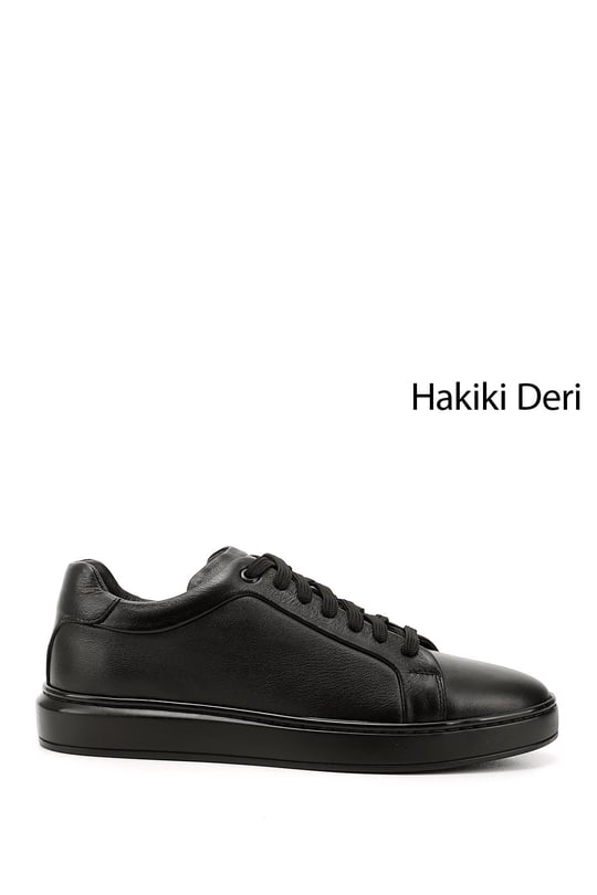 Mens Black Lace-Up Rubber Sole Genuine Leather Sneakers