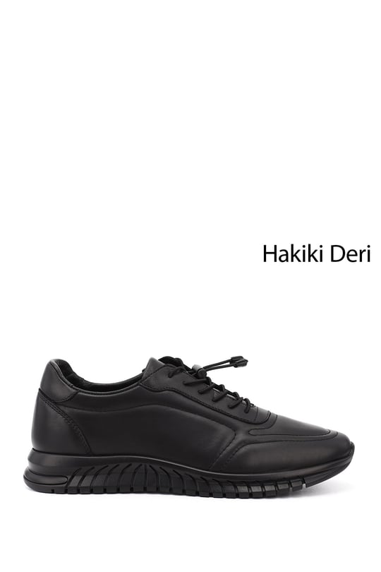 Mens Black Lace-Up Rubber Sole Genuine Leather Sneakers