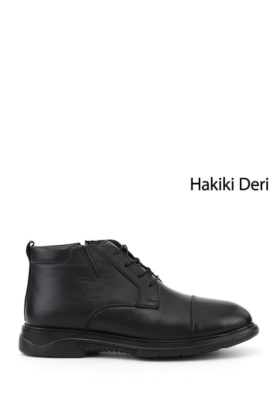 Erkek Siyah Bağcıklı Kauçuk Taban Hakiki Deri Klasik Bot