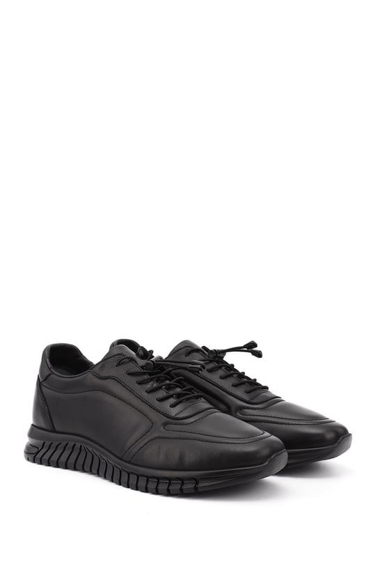 Mens Black Lace-Up Rubber Sole Genuine Leather Sneakers