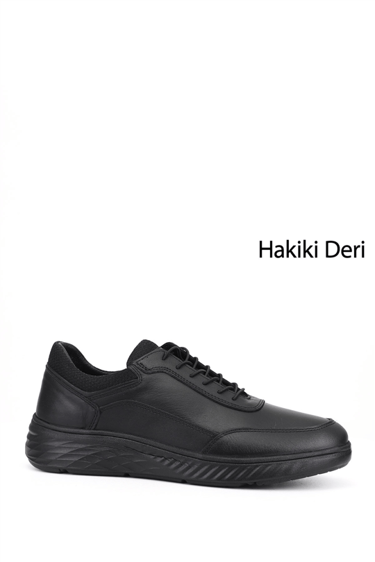 Erkek Siyah Bağcıklı Kauçuk Taban Hakiki Deri Sneaker