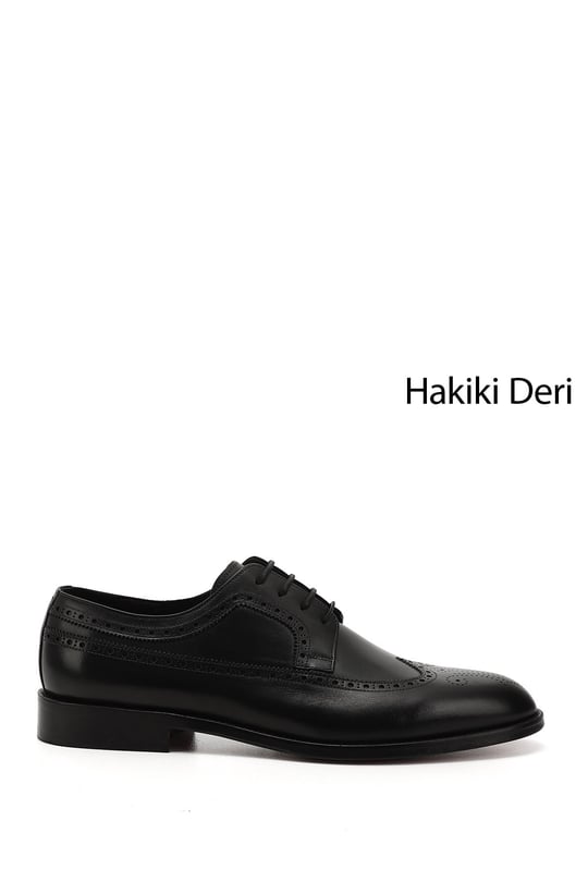 Erkek Siyah Bağcıklı Kösele Taban Hakiki Deri Klasik Ayakkabı