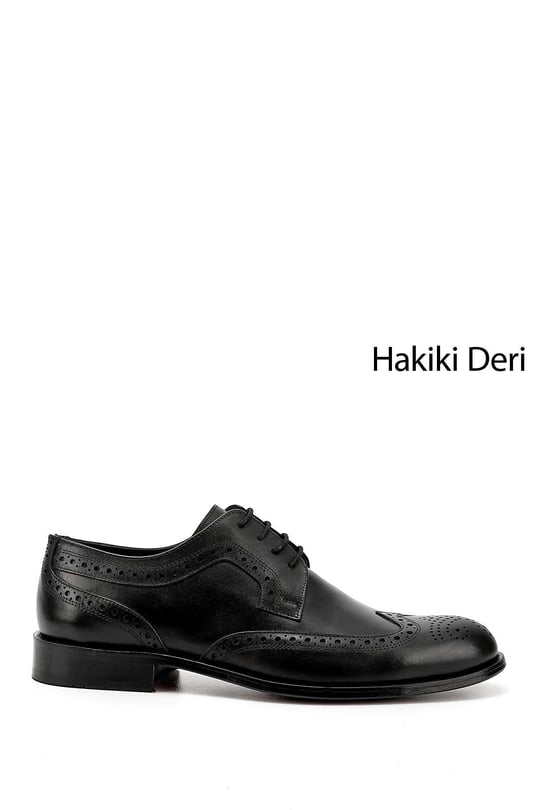 Erkek Siyah Bağcıklı Kösele Taban Hakiki Deri Klasik Ayakkabı