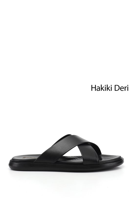 Erkek Siyah Çapraz Bantlı Hakiki Deri Terlik