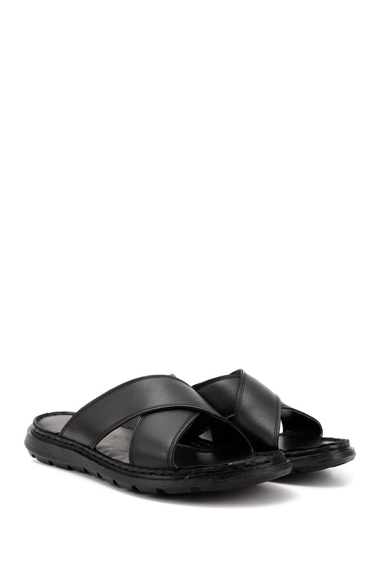 Mens Black Cross-Strap Genuine Leather Slippers