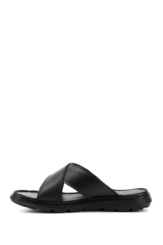 Mens Black Cross-Strap Genuine Leather Slippers