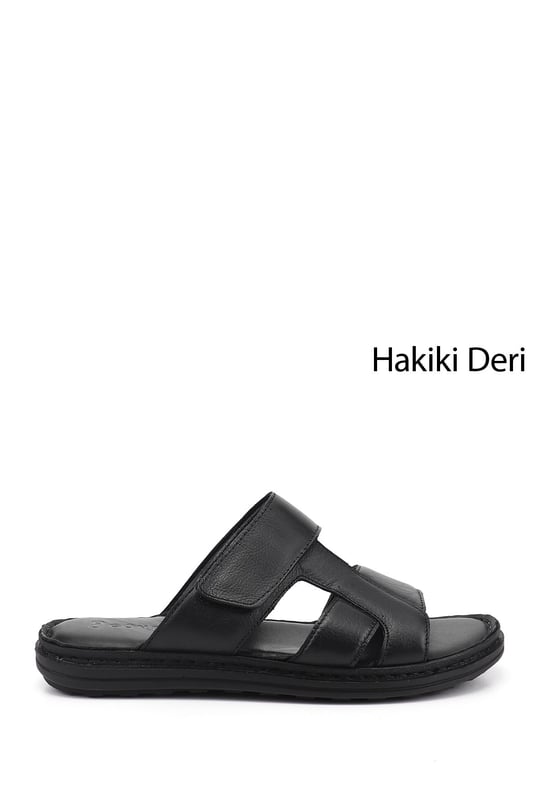 Erkek Siyah Cırt Bantlı Hakiki Deri Terlik