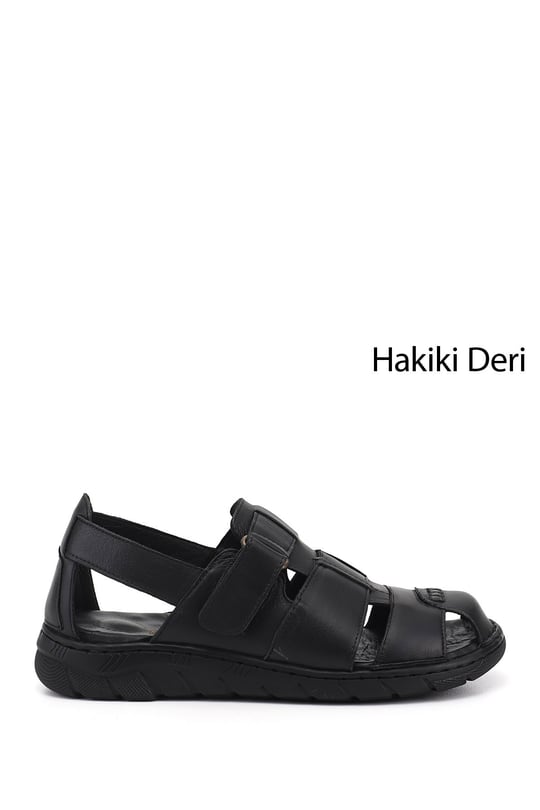 Mens Black Genuine Leather Comfort Sandals