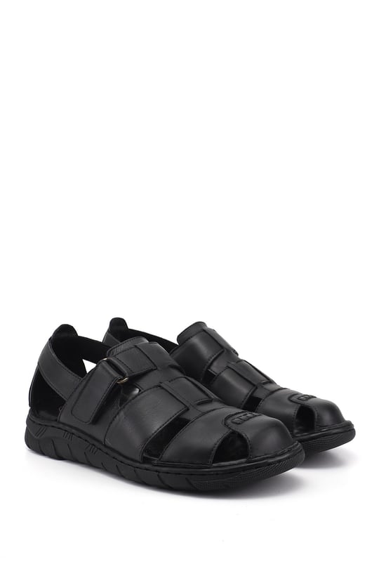 Mens Black Genuine Leather Comfort Sandals