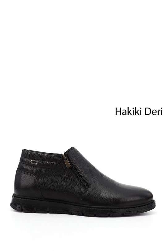 Erkek Siyah Fermuarlı Kauçuk Taban Hakiki Deri Bot