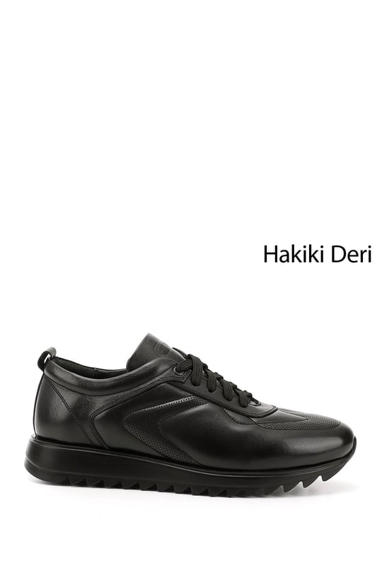 Mens Black Genuine Leather Lace-Up Sneakers