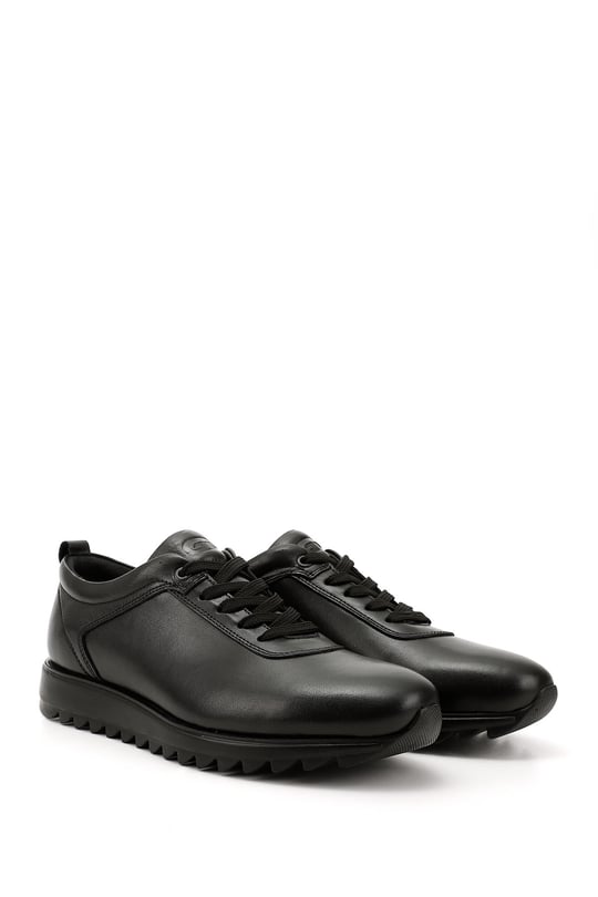 Mens Black Genuine Leather Lace-Up Sneakers