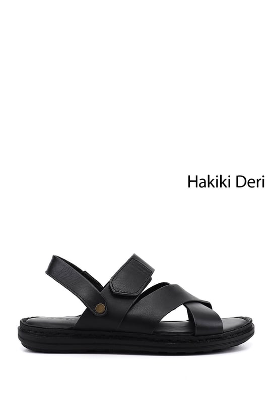 Mens Black Genuine Leather Comfort Sandals