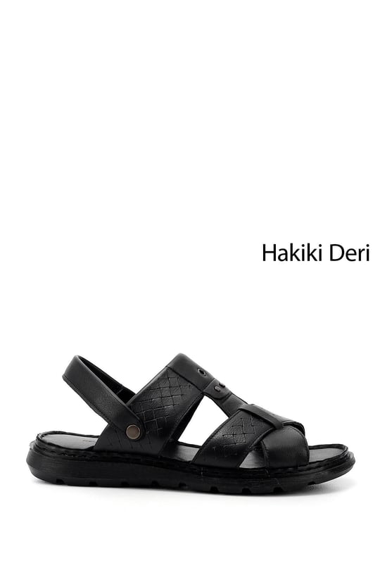 Erkek Siyah Hakiki Deri Comfort Sandalet