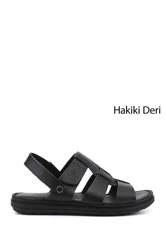Erkek Siyah Hakiki Deri Comfort Sandalet