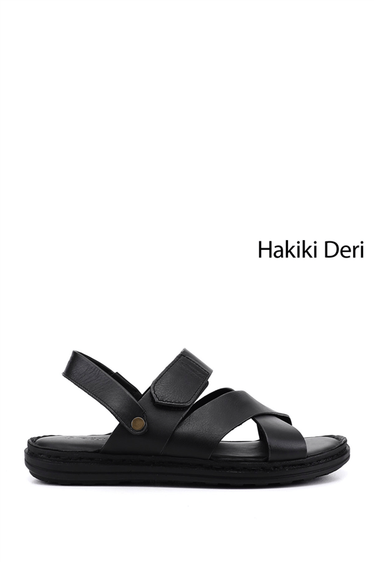 Erkek Siyah Hakiki Deri Comfort Sandalet