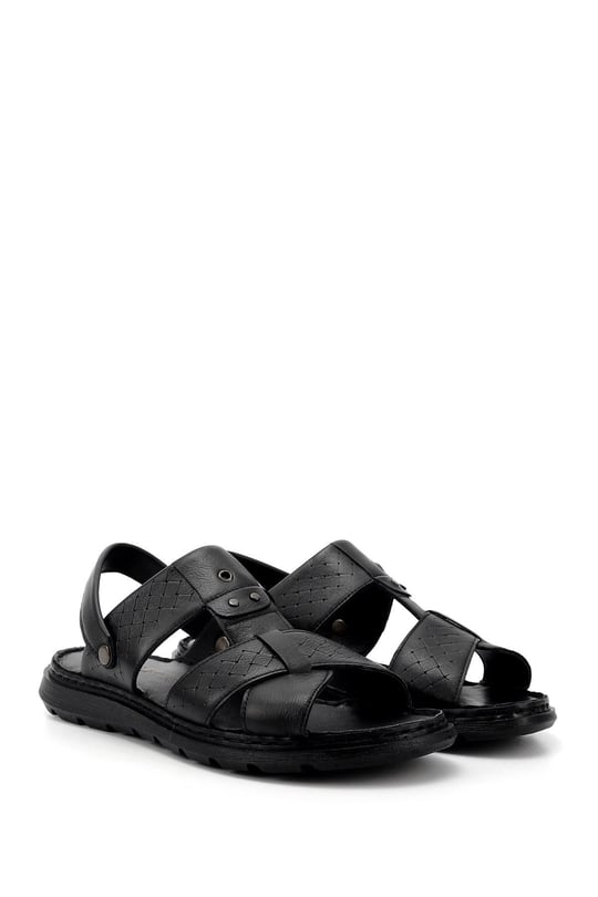 Erkek Siyah Hakiki Deri Comfort Sandalet