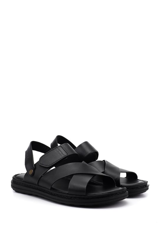 Mens Black Genuine Leather Comfort Sandals