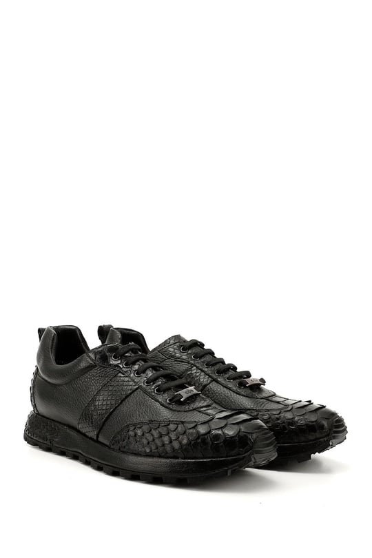 Erkek Siyah Piton Bağcıklı Hakiki Deri Comfort Sneaker