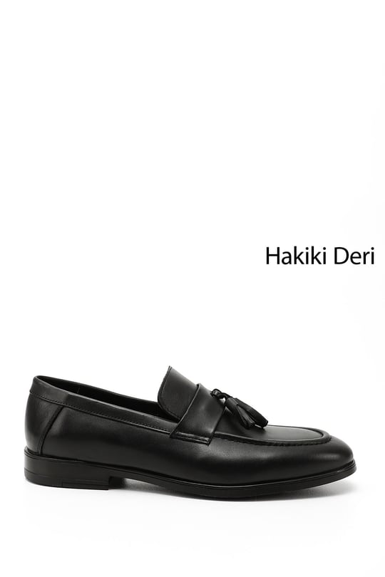 Mens Black Tasseled Genuine Leather Loafer Shoes