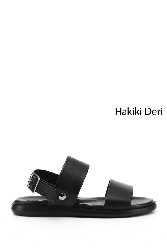 Erkek Siyah Tokalı Hakiki Deri Comfort Sandalet