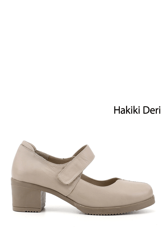 Kadın Açık Bej Kalın Topuklu Mary Jane Hakiki Deri Ayakkabı