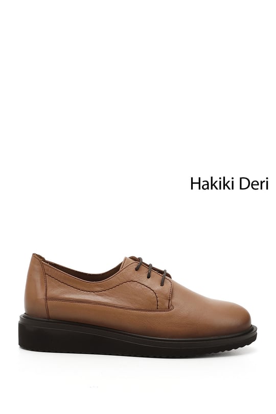 Kadın Açık Taba Bağcıklı Dolgu Taban Hakiki Deri Ayakkabı