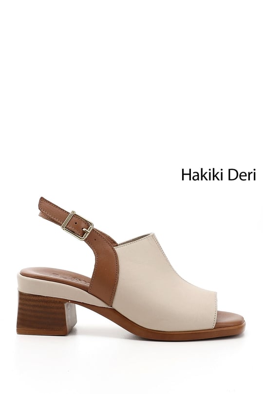 Kadın Bej Antik Kalın Topuklu Hakiki Deri Sandalet