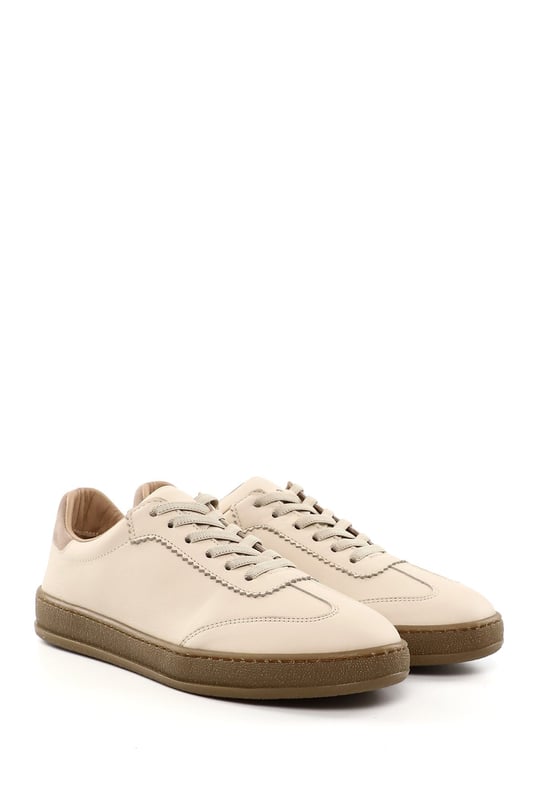 Kadın Bej Bağcıklı Hakiki Deri Sneaker
