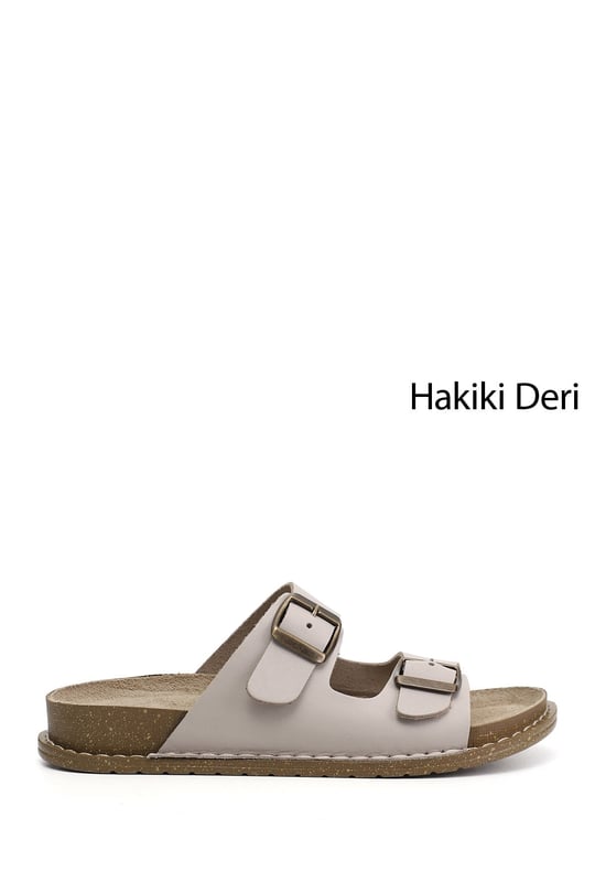 Kadın Bej Çift Tokalı Hakiki Deri Terlik