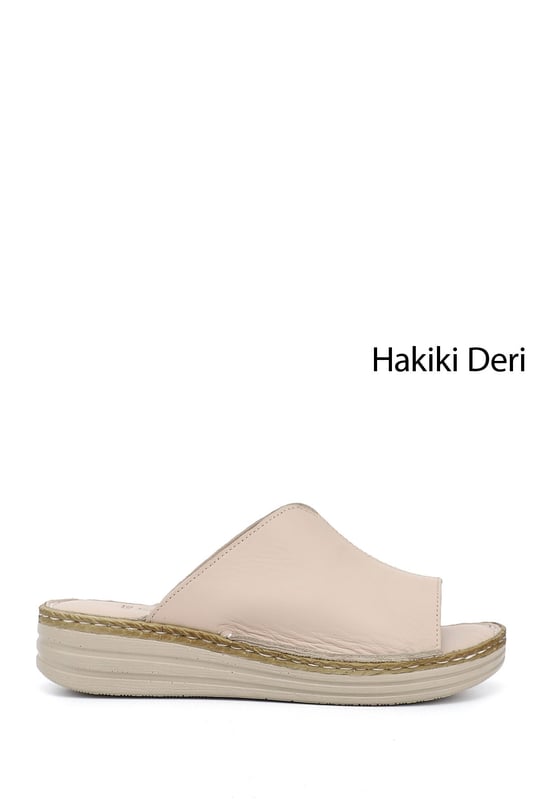 Kadın Bej Dolgu Topuk Hakiki Deri Comfort Terlik
