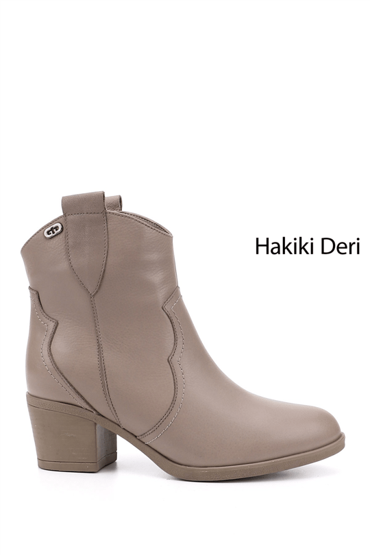 Kadın Bej Kalın Topuklu Hakiki Deri Kovboy Bot