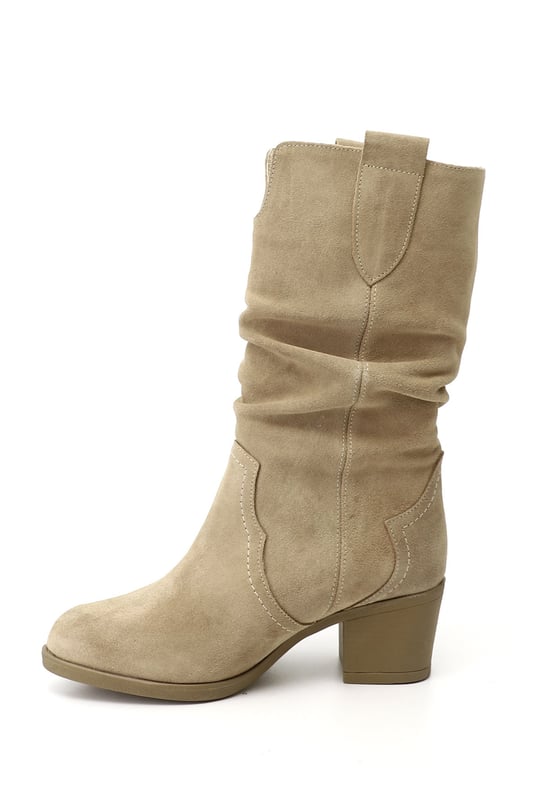 Womens Beige Suede Chunky Heel Bellows Genuine Leather Boots