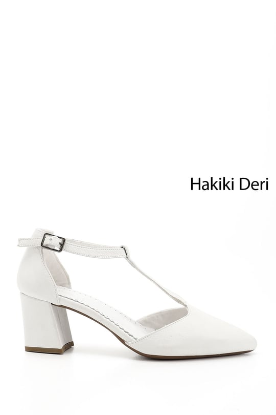 Kadın Beyaz Bilekten Bağlı Orta Topuklu Hakiki Deri Ayakkabı
