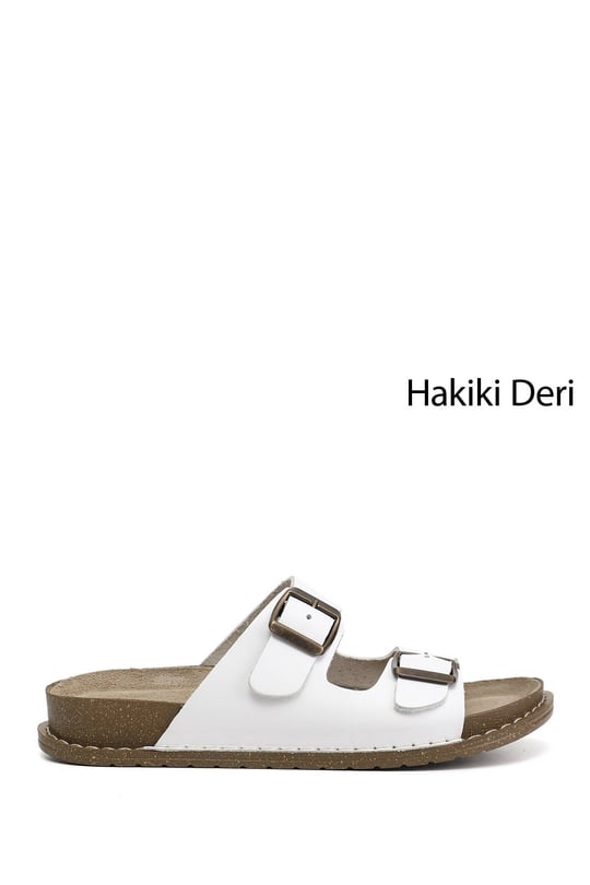 Kadın Beyaz Çift Tokalı Hakiki Deri Terlik