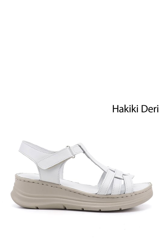 Kadın Beyaz Cırt Bantlı Dolgu Topuk Hakiki Deri Sandalet