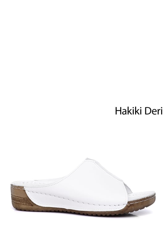 Kadın Beyaz Dolgu Taban Hakiki Deri Terlik