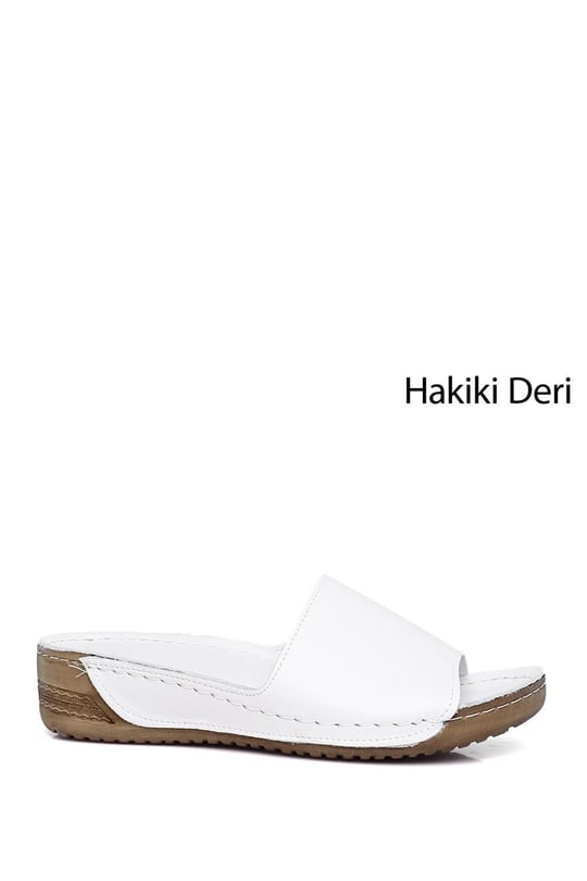 Kadın Beyaz Dolgu Taban Hakiki Deri Terlik