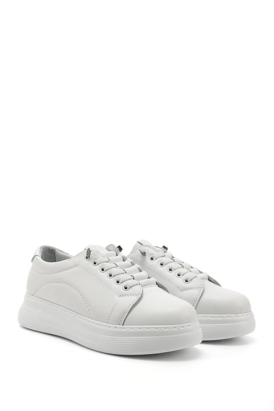 Kadın Beyaz Lastik Bağcıklı Comfort Dolgu Taban Hakiki Deri Sneaker