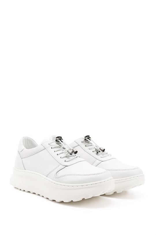 Kadın Beyaz Lastik Bağcıklı Comfort Dolgu Taban Hakiki Deri Sneaker